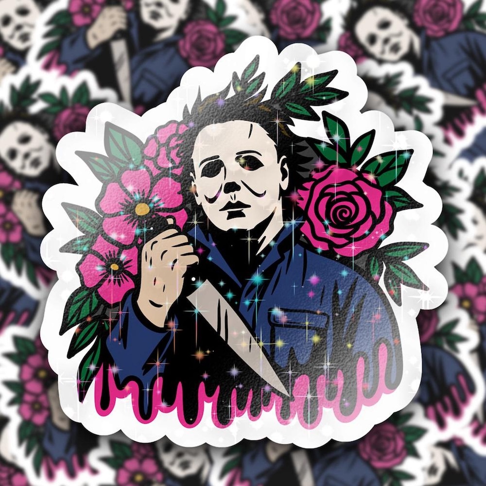 Floral Michael Myers Halloween Glitter Sticker - Image 3