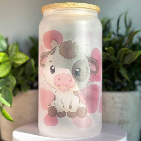 Pink Baby Cow Print Frosted Glass Cup