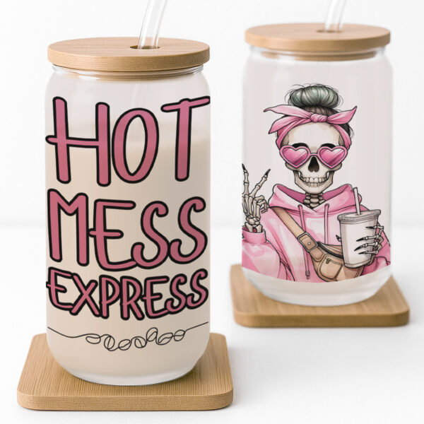 'Hot Mess Express' Skeleton Frosted Glass Cup - Image 4
