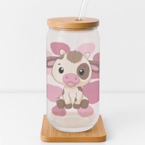 Pink Baby Cow Print Frosted Glass Cup