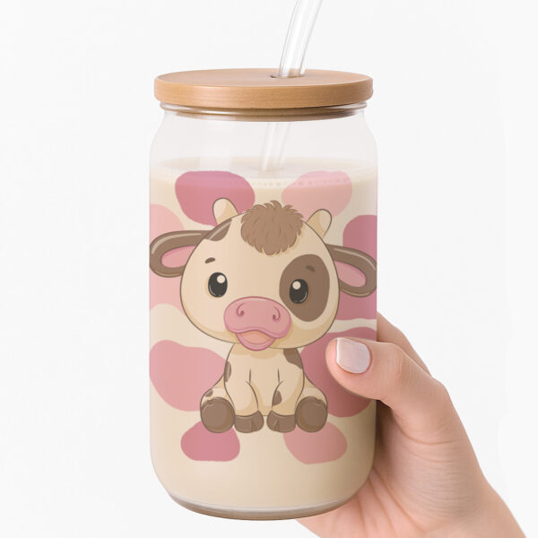 Pink Baby Cow Print Frosted Glass Cup - Image 3