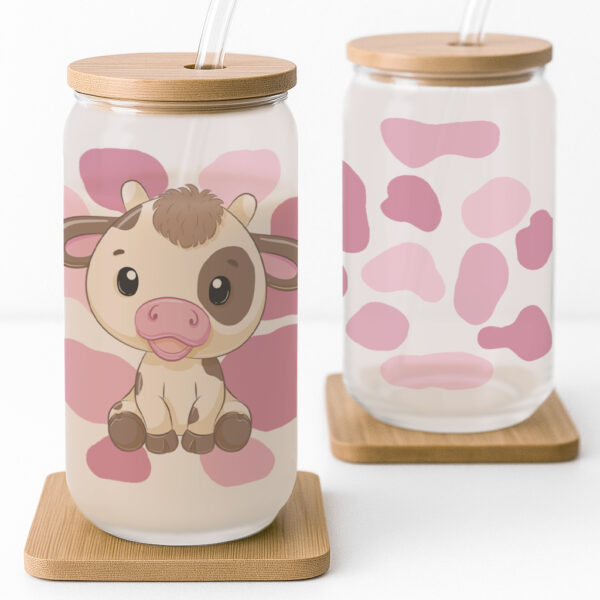 Pink Baby Cow Print Frosted Glass Cup - Image 4