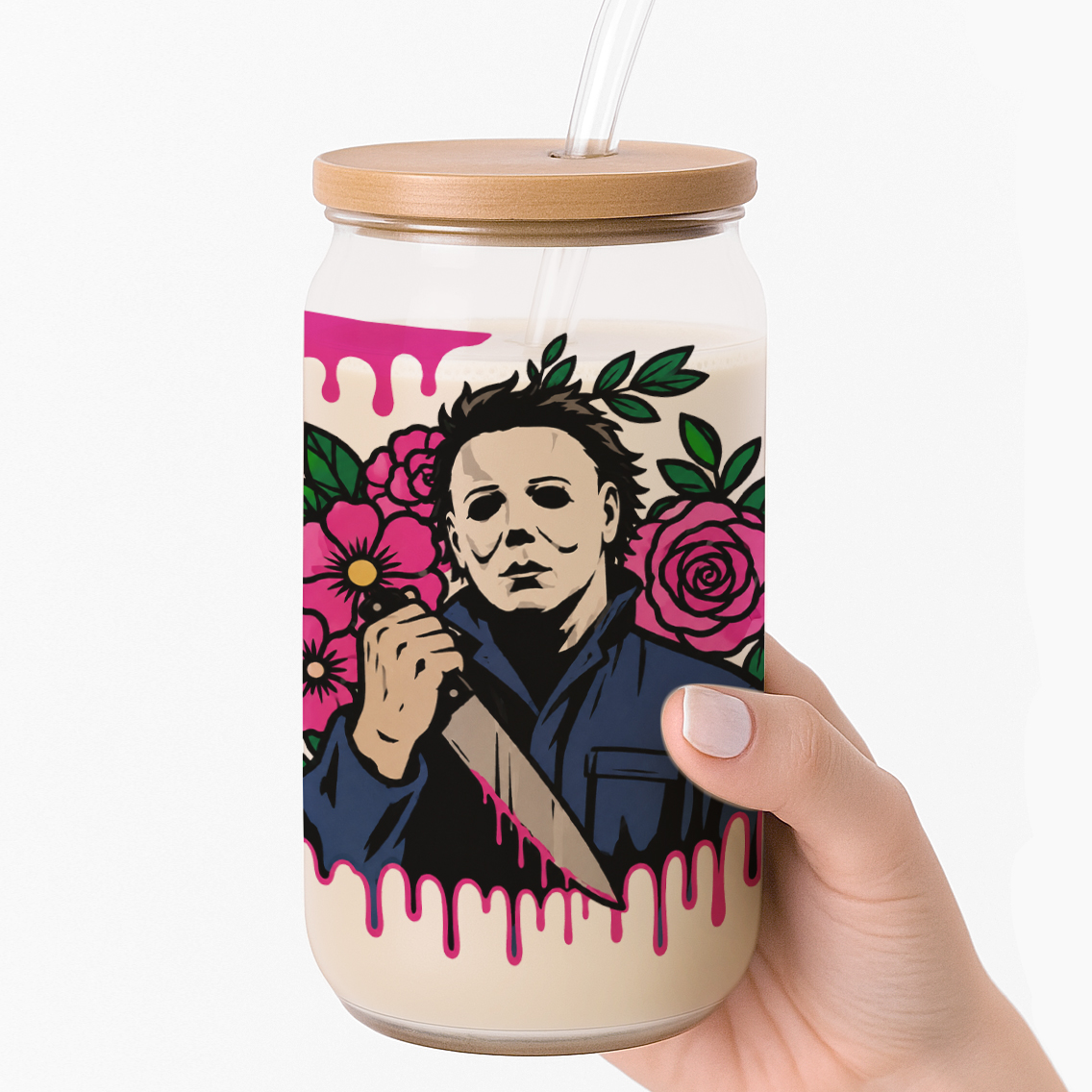 Floral Boogeyman Horror-Inspired Halloween Frosted Glass Cup - Image 3