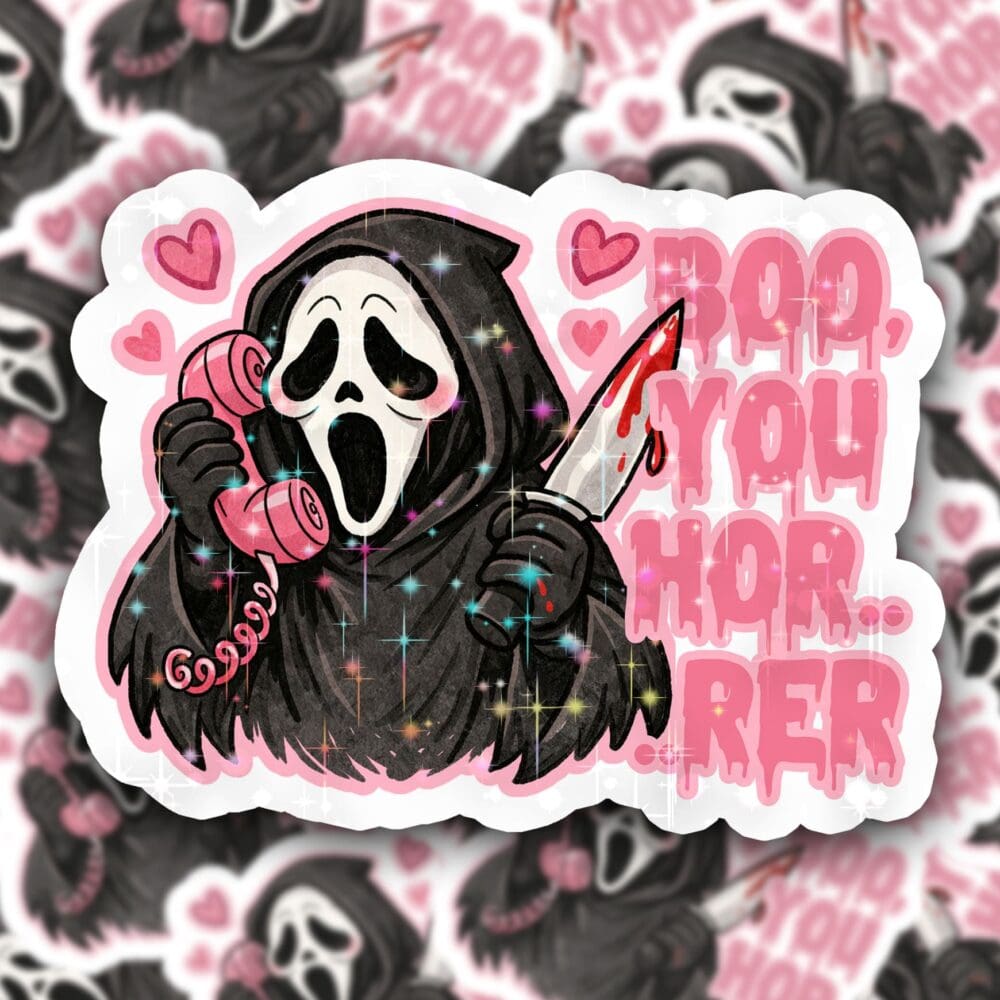Ghostface "Boo, You Horror" Halloween Glitter Sticker