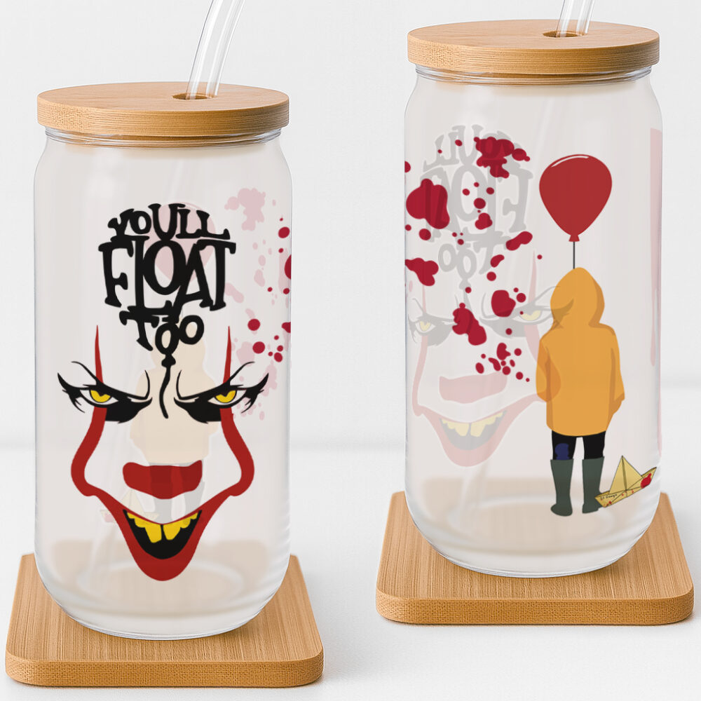 You’ll Float Too Creepy Clown Halloween Frosted Glass Cup